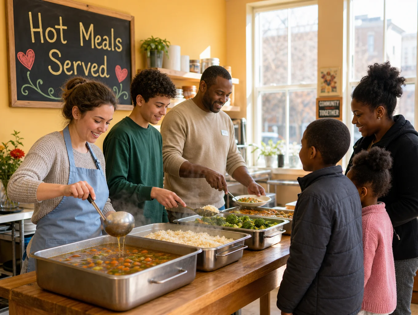Communal dining table where warm nutritious meals are served to smiling neighbors