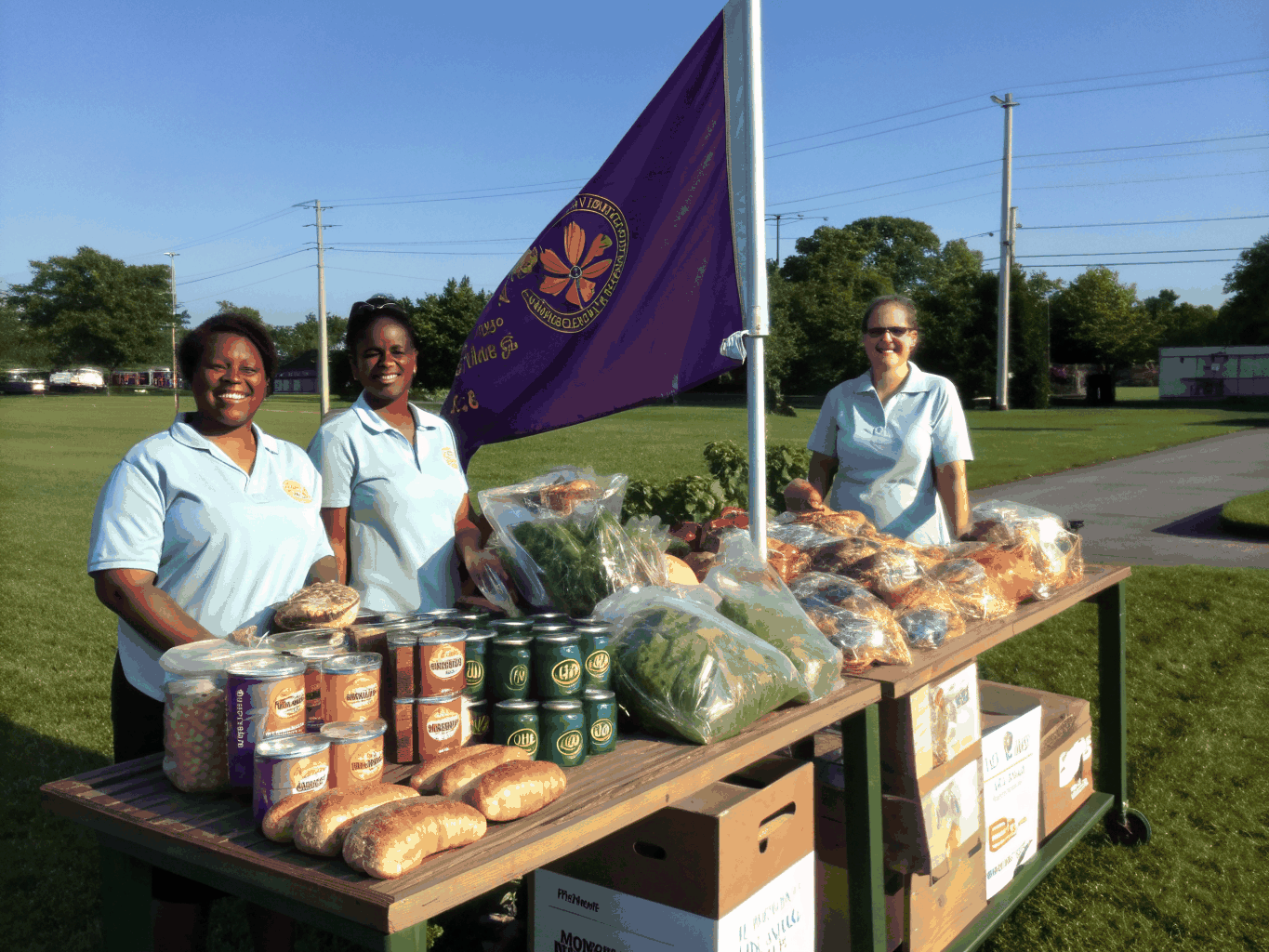 Neighbors collecting fresh pantry items and produce at an open-air community site