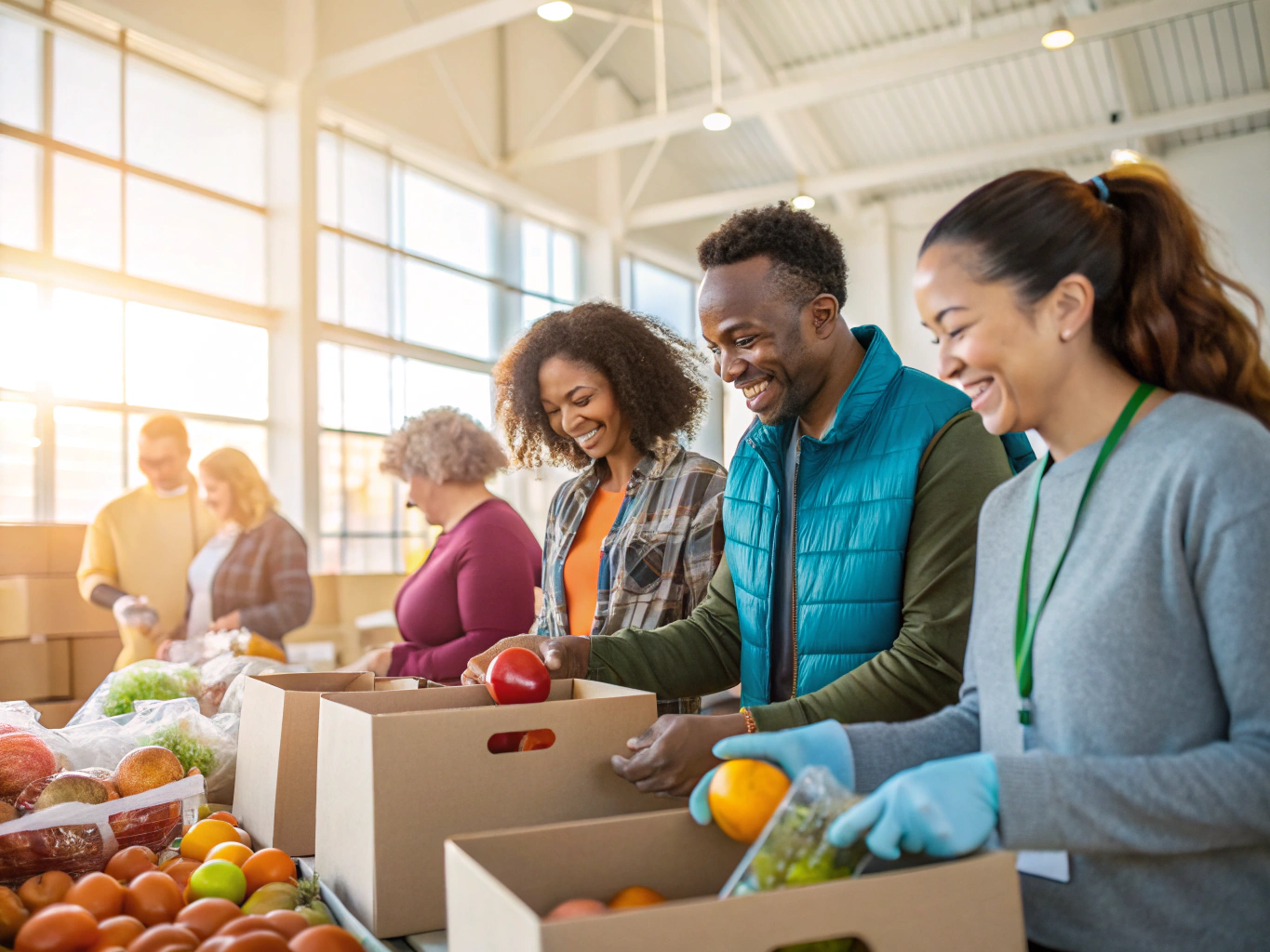 Volunteers packing fresh California farm produce into family pantry boxes